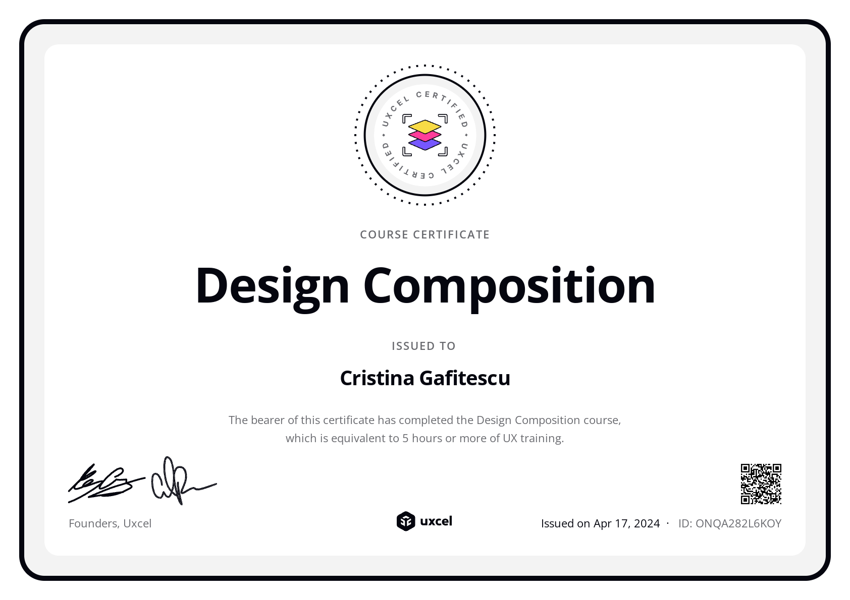 Cristina Gafitescu's certificate